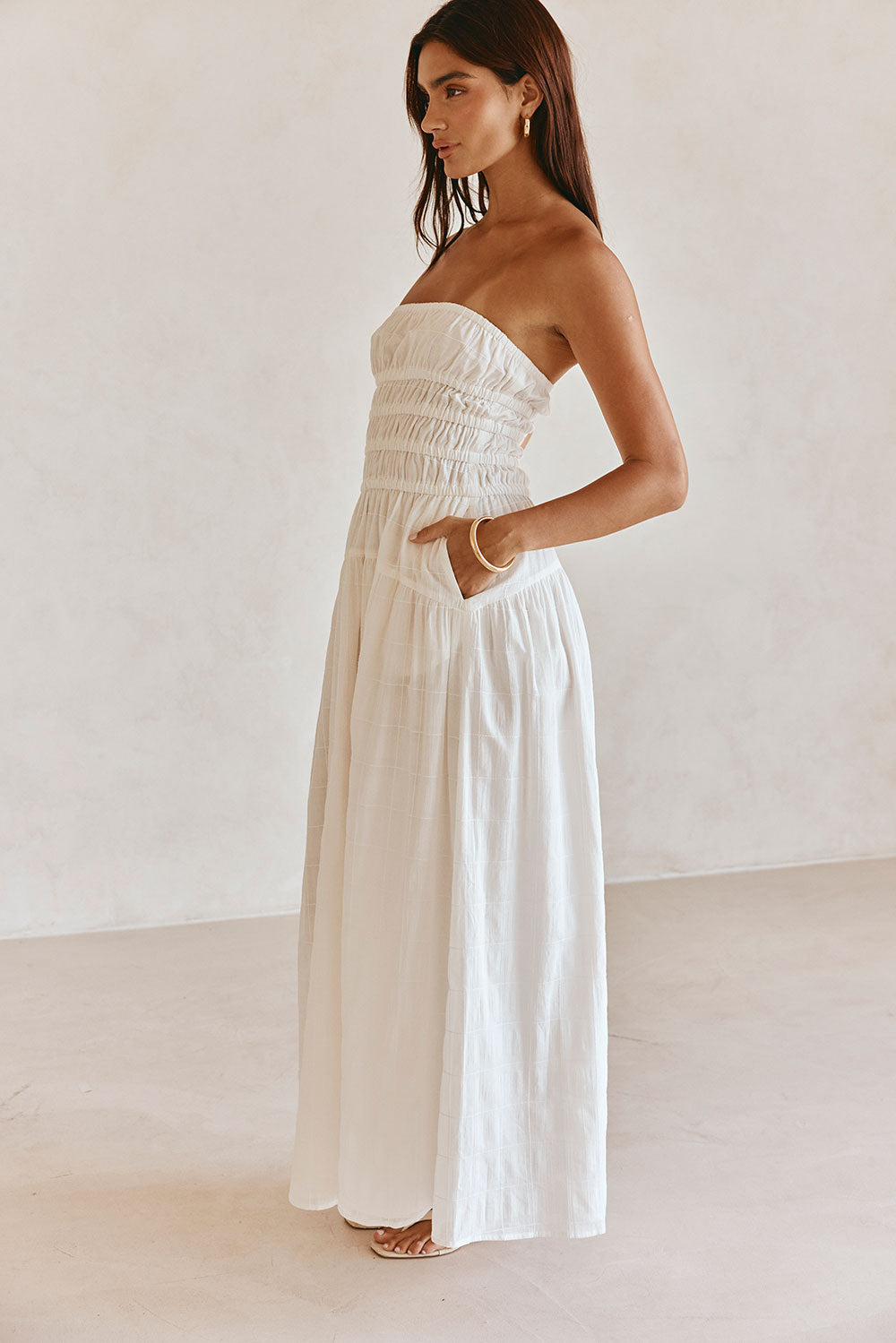 Elegant White Self - Check Cotton Strapless Delta Maxi Dress