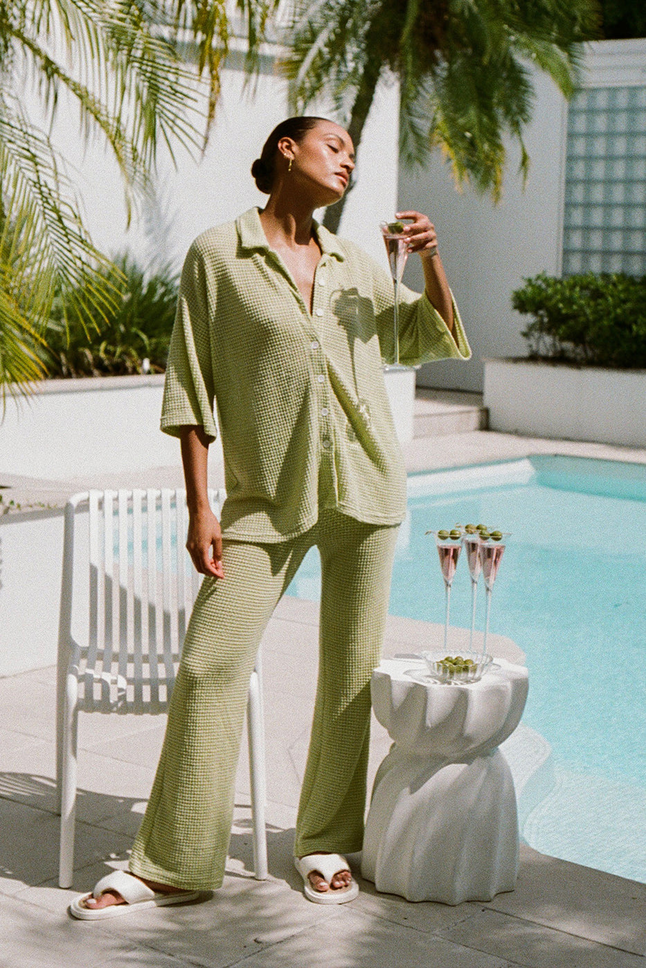 Exclusive Sabo Designed Lightweight Green Kai Pants with Flared Hems