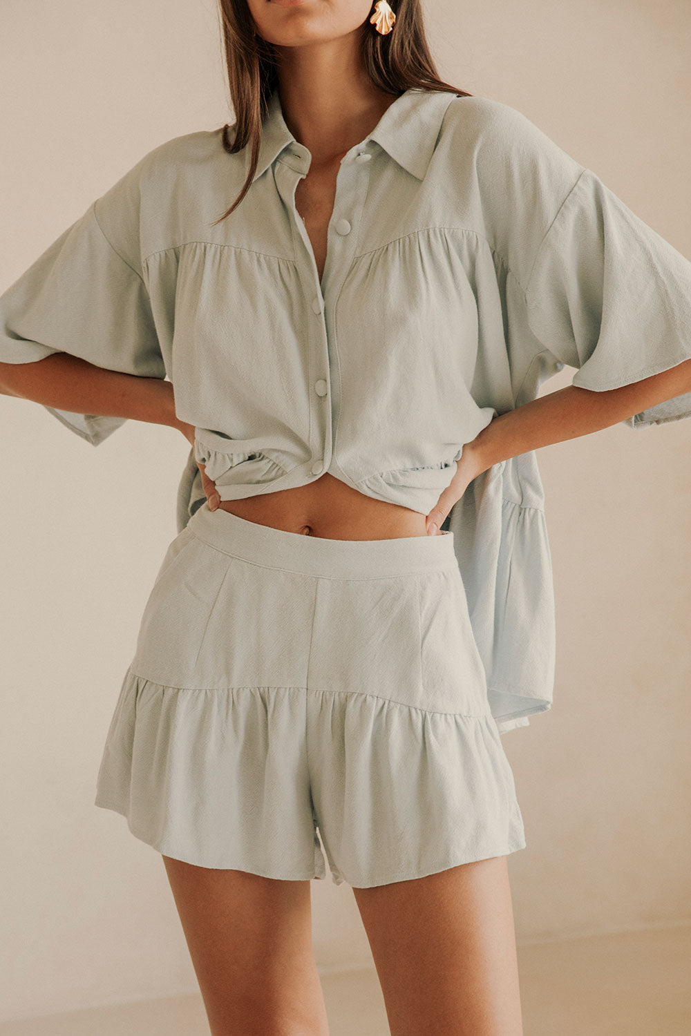 Blue Sky-Hued Natural Cotton Ramie Blend Luna Shorts