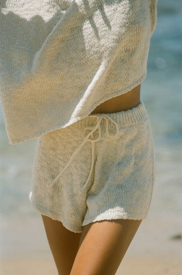Vintage-Style Cream Freja Soft Cotton Knit High-Waisted Shorts