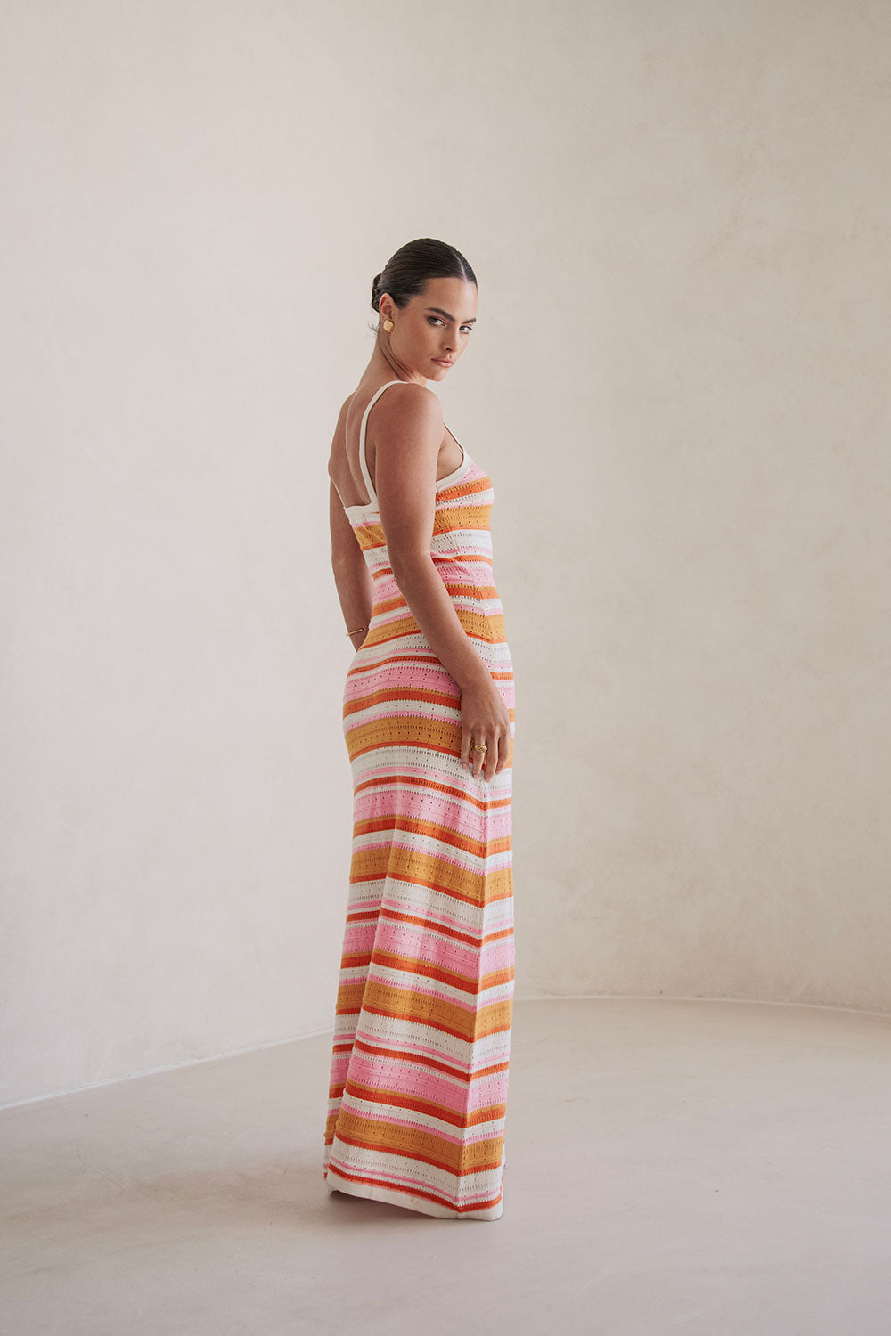 High - quality Natural Knit Amey Maxi Dress with Pink, Mustard, Red and White Panels