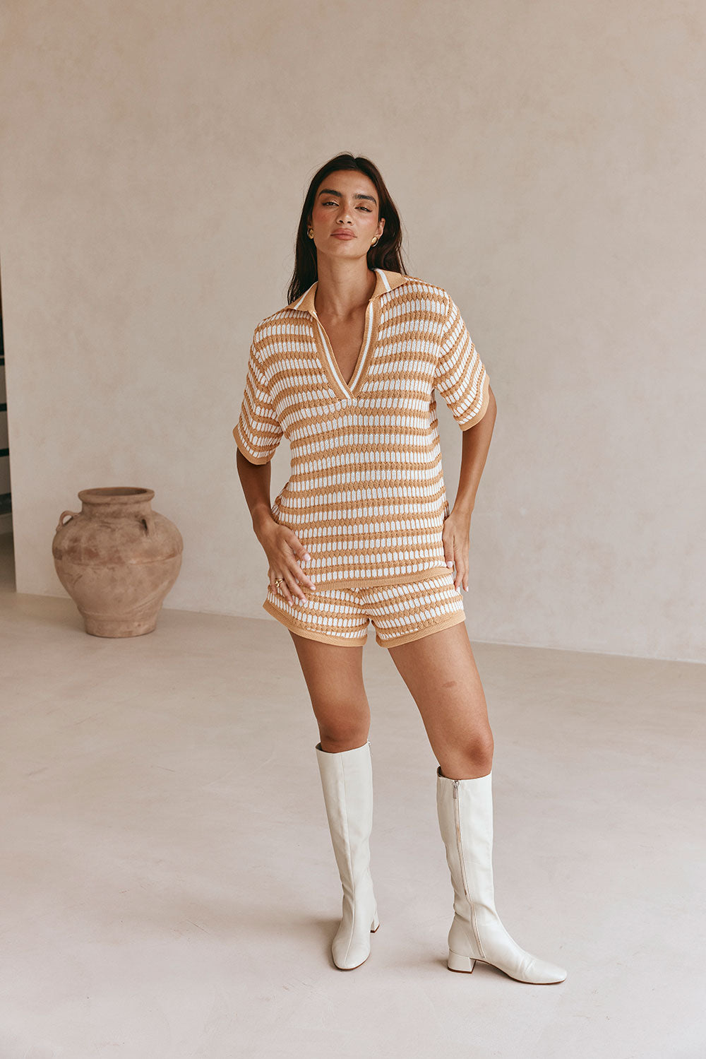Sabo Exclusive Vintage-Inspired Dusty Orange and White Striped Knit Josie Women's Top