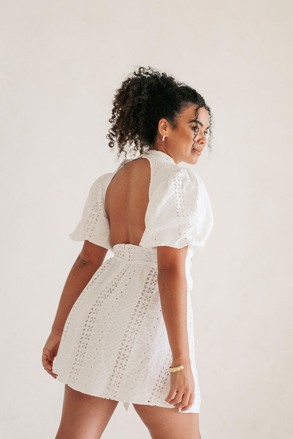 SABO LUXE White Natural Cotton Hart Tie Mini Dress with Open Back