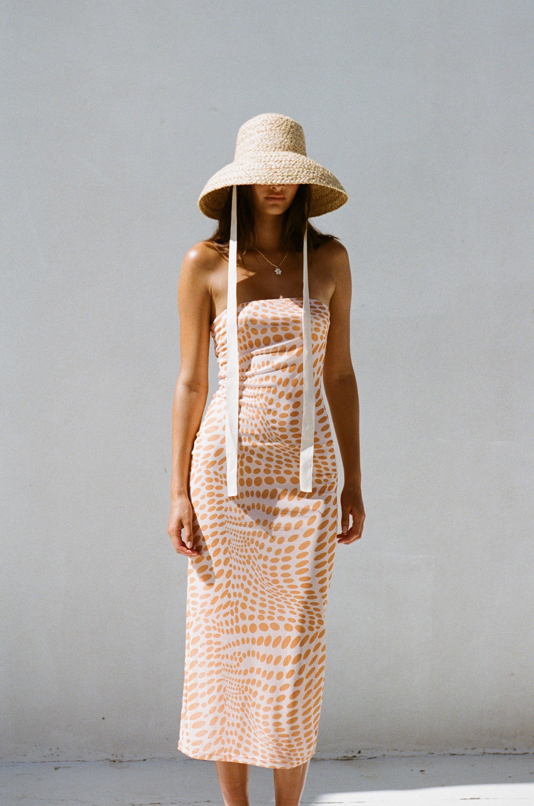 Stylish Orange - Spotted Stretch Mikai Midi Strapless Dress