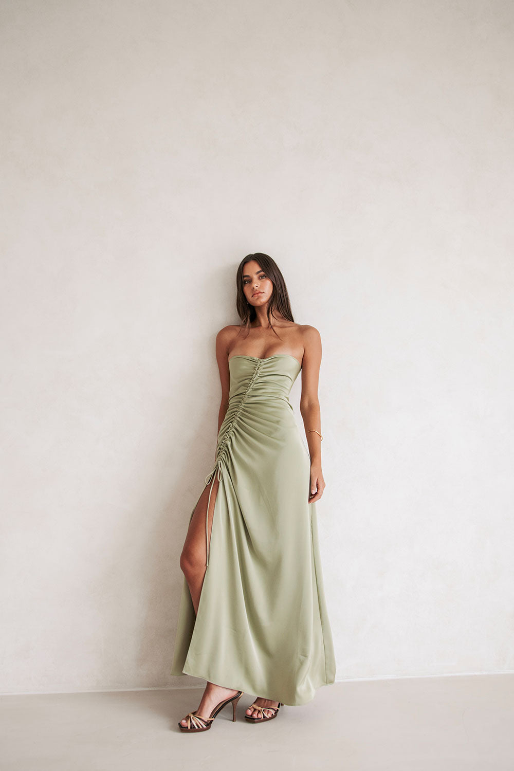 Alyssia Sage Green Matte Silky Strapless Maxi Dress