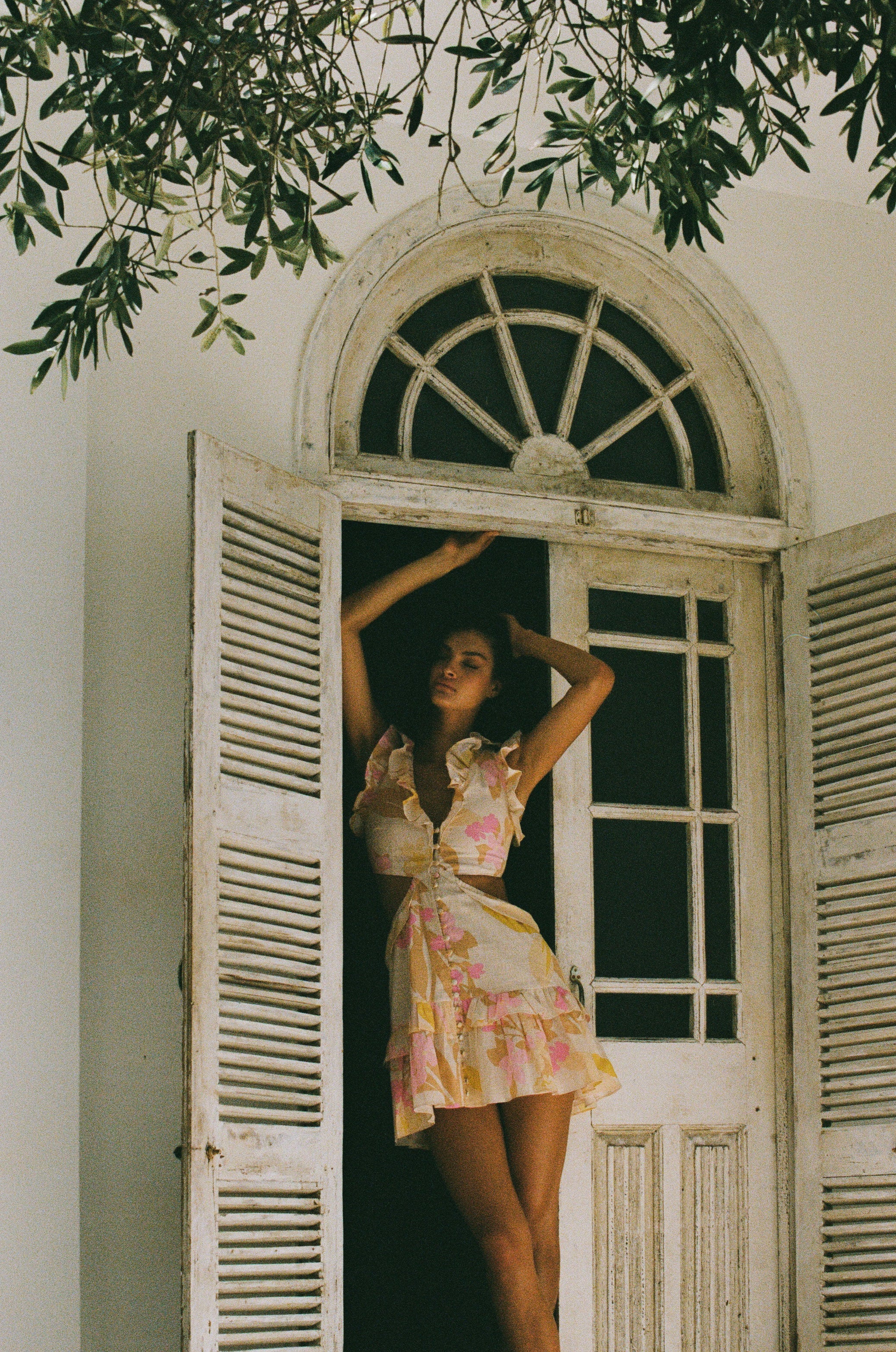 Exclusive Vintage-Print Evaia Cotton Slub Frill Dress
