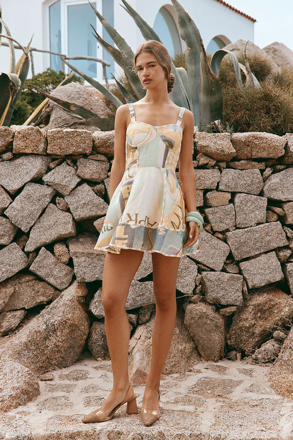 Genova Linen Dress with Exclusive Fiorire Acqua Print and Gold Hardware