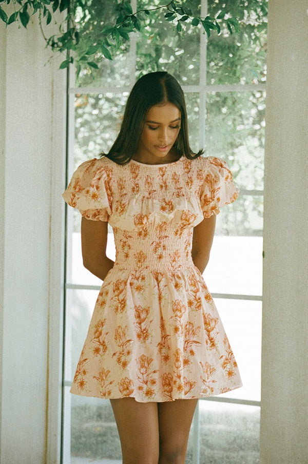 Classy Charlize Natural Cotton Shirred Dress with Floral Print