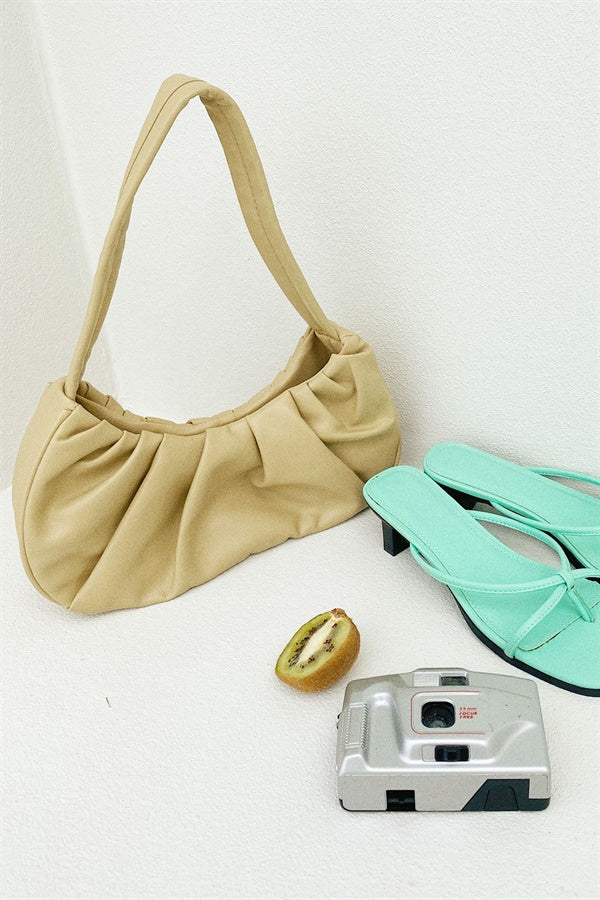 Stylish Khaki Nahla Ruched Vegan Leather Handbag