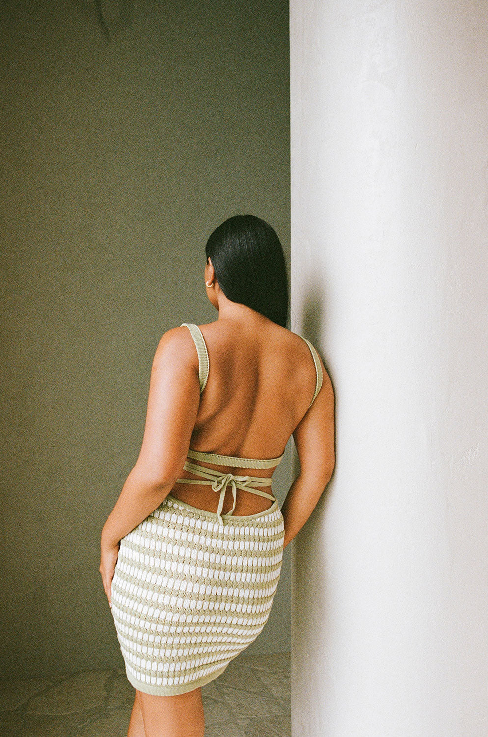 Vintage-Inspired Khaki and White Striped Backless Camelia Mini Dress