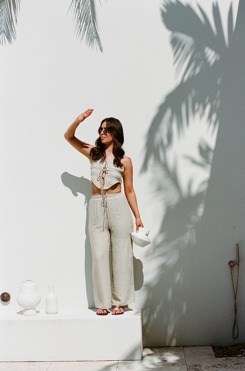 Stylish Henley Grey Taupe High - Waisted Wide - Leg Pants