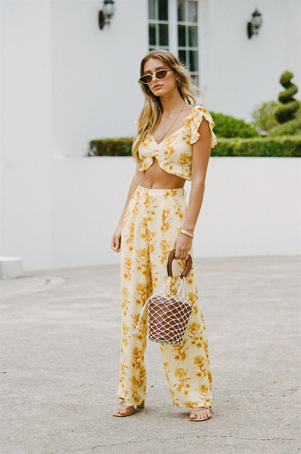 Exclusively Designed Danika Yellow Zipper Crepe Pants with Sunset Tulip Print