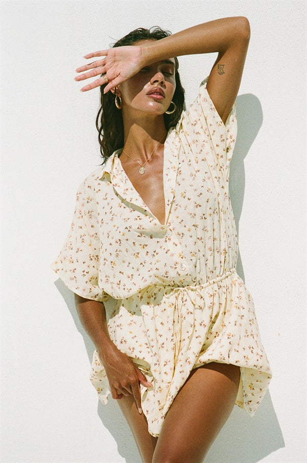Yellow Floral Print Women's Onara Cotton Blend Dress