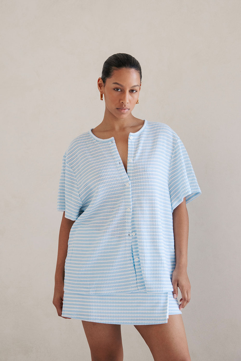 Baby Blue and White Lightweight Knitted Cassie Women's Top