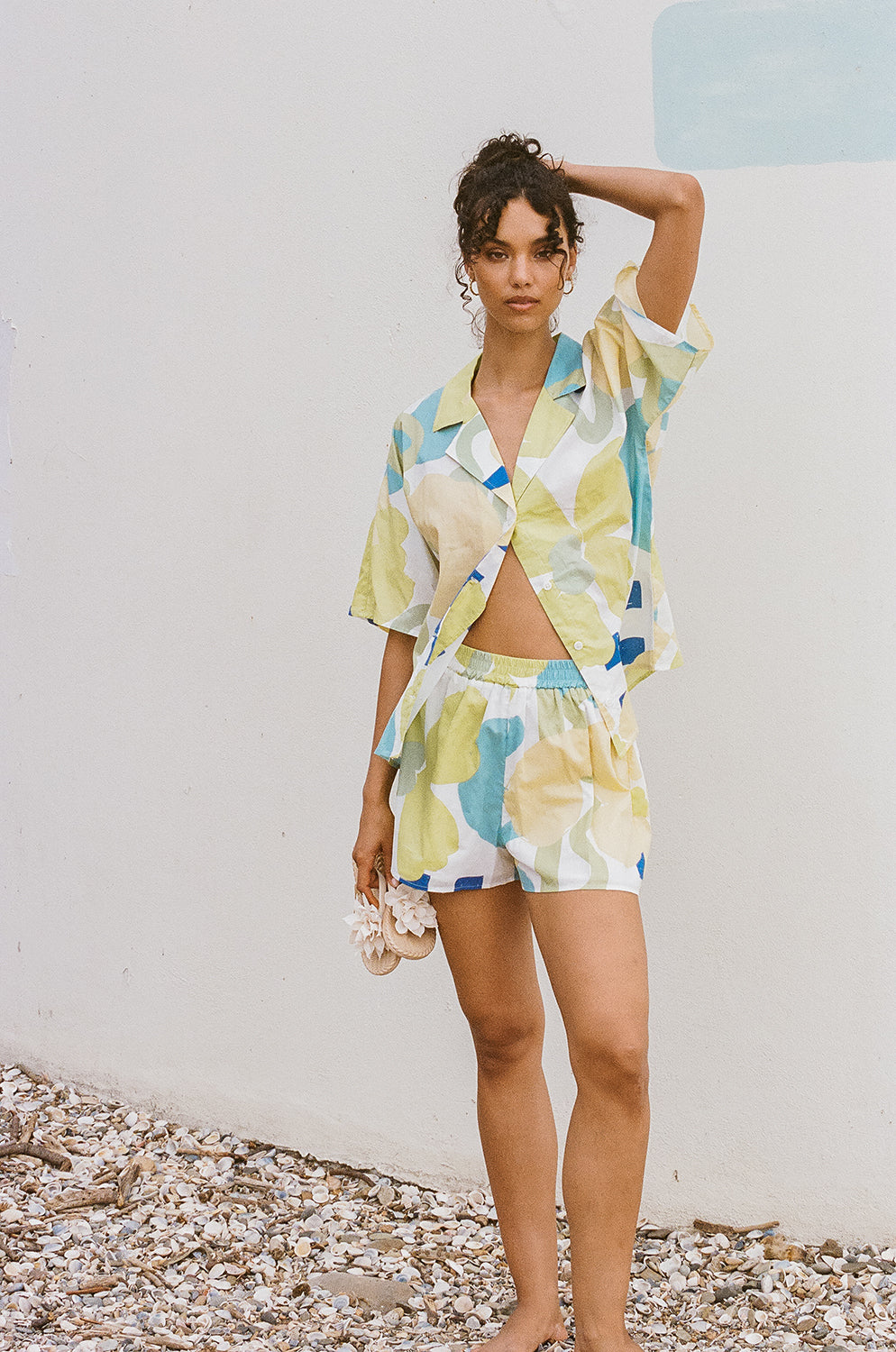 Exclusive Checker Floral Aliza Print Relaxed Natural Cotton Voile Seona Top