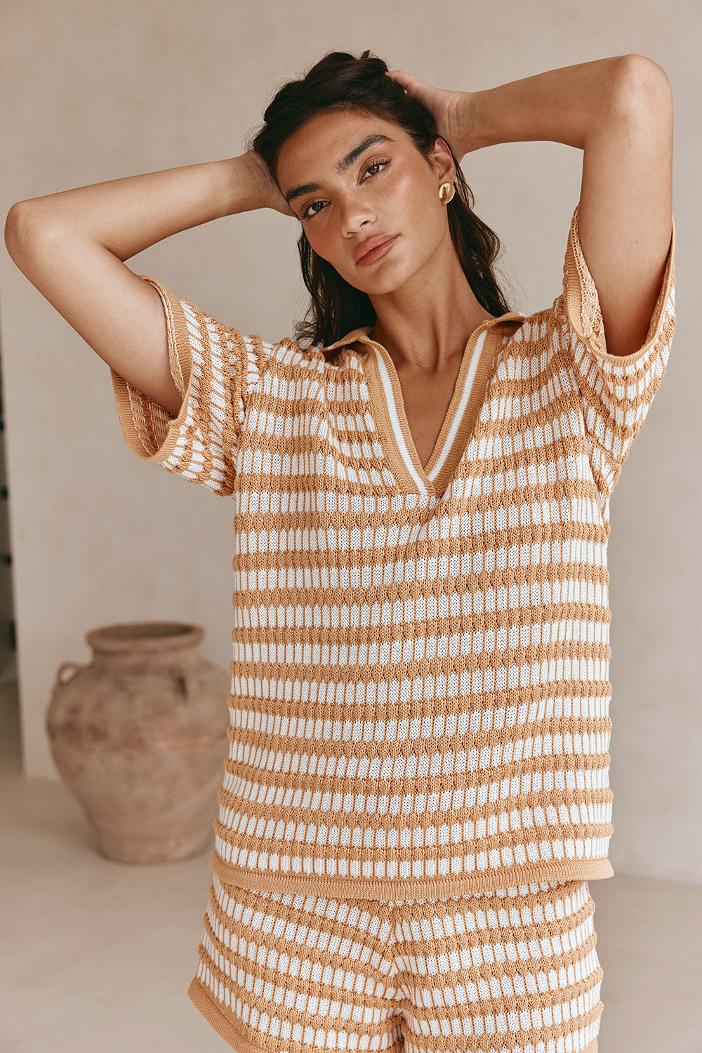 Sabo Exclusive Vintage-Inspired Dusty Orange and White Striped Knit Josie Women's Top