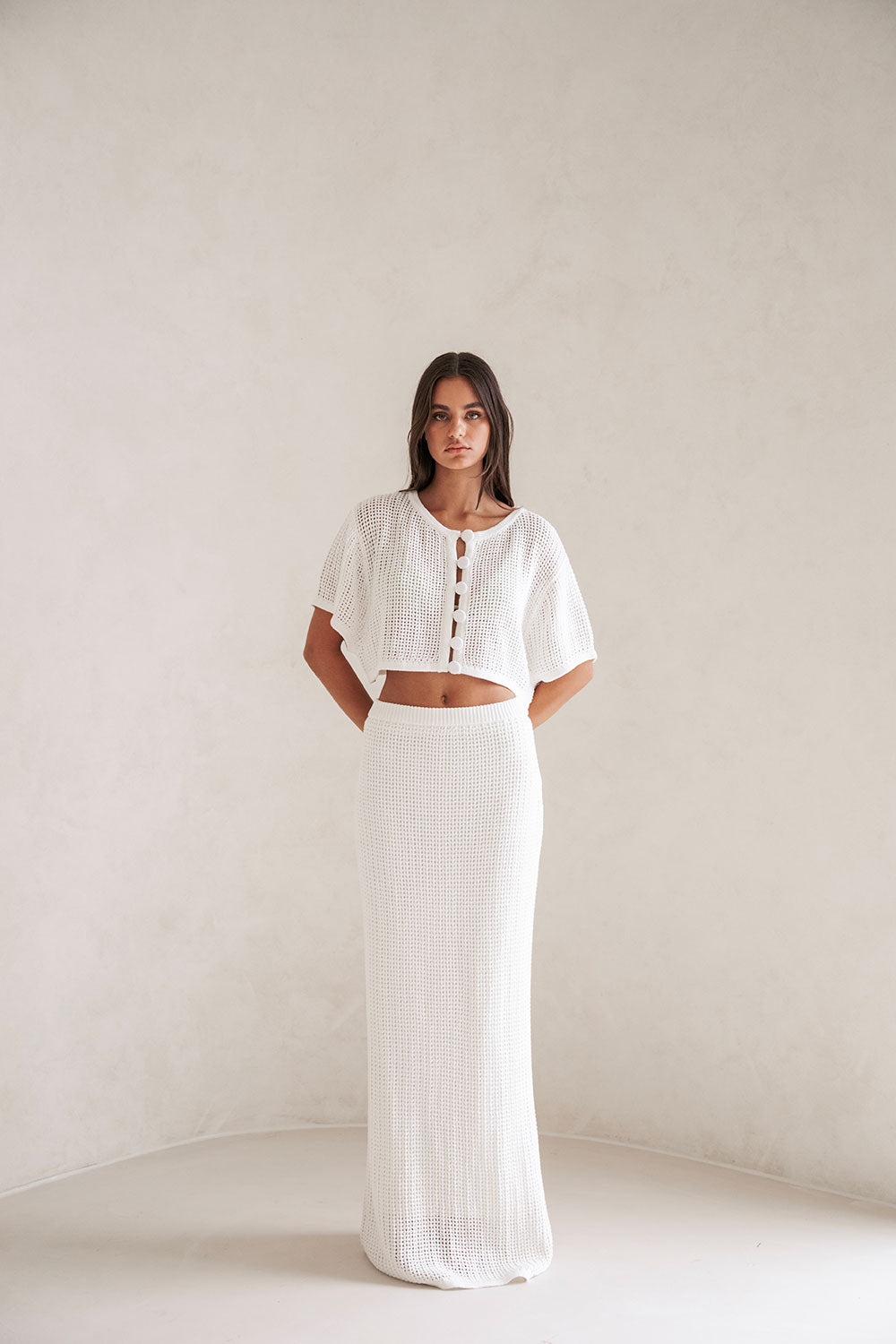 Exquisite Mekkah Crochet Cotton Knit Cream High - Waisted Full - Length Skirt