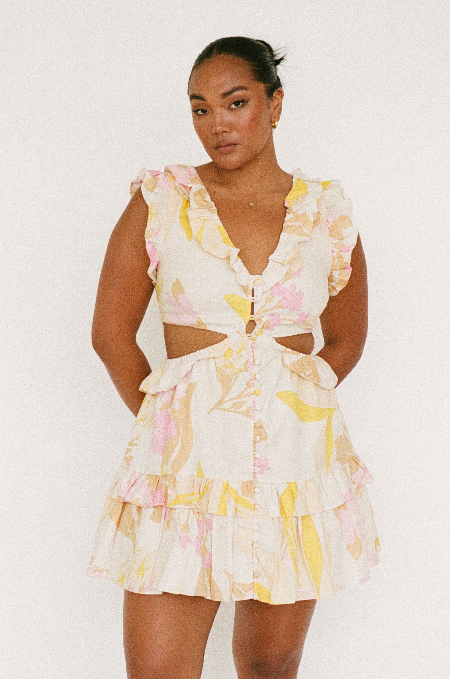 Exclusive Vintage-Print Evaia Cotton Slub Frill Dress