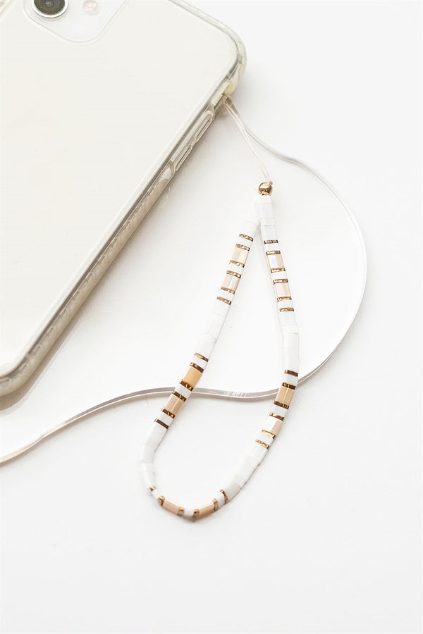 Trendy Neutral Beaded Phone Charm with Geo, Shell and Nude Details