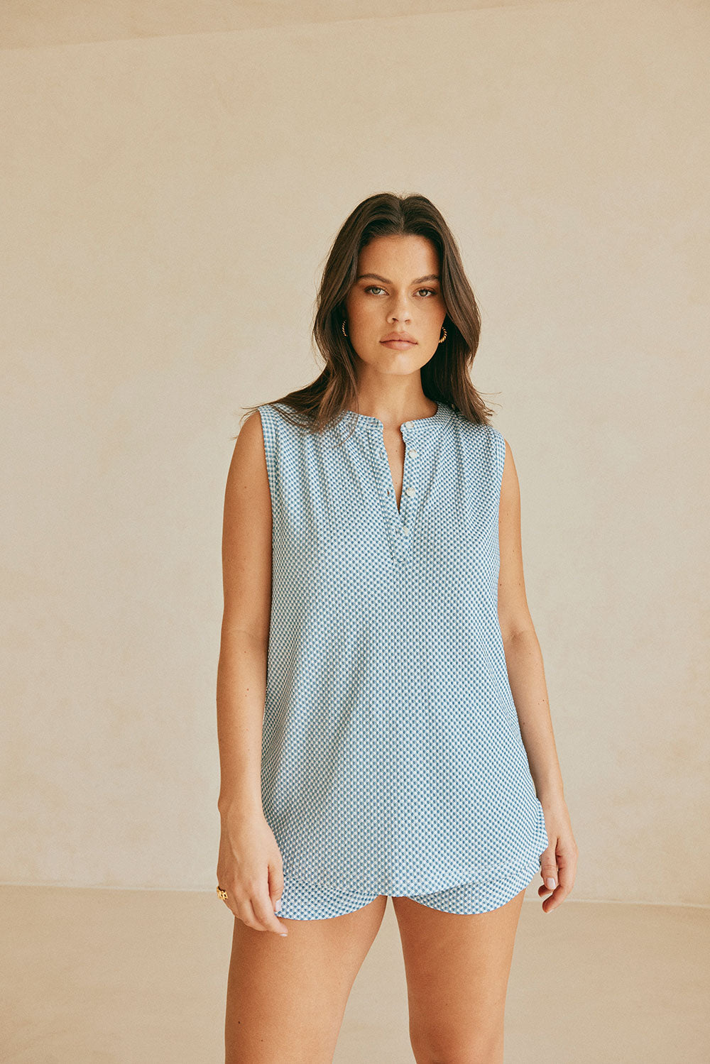 Lightweight Woven Blue and White Marah Top for a Casual or Dressy Look