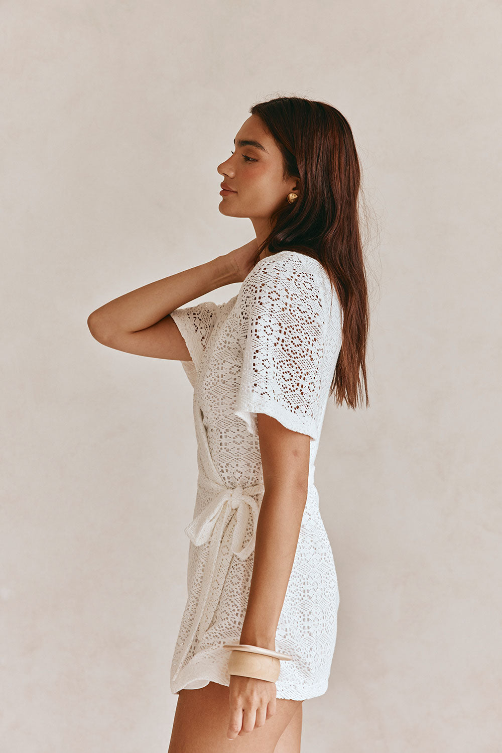 Exquisite White Crochet Wrap-Style Eliza Dress
