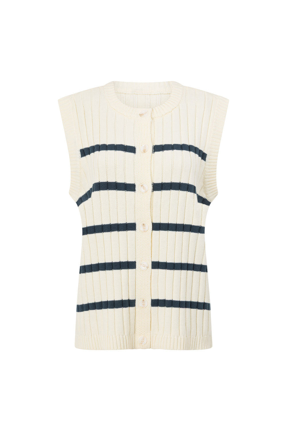 High - quality White with Navy Stripes Boxy Cotton Blend Rib Knit Depp Top