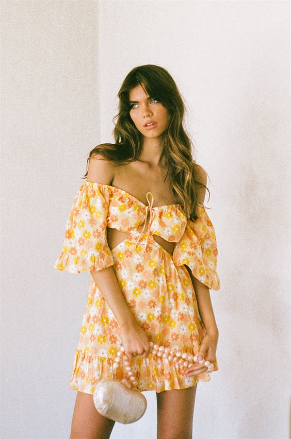Exquisite French-Inspired Toria Off-Shoulder Cotton Floral Print Dress