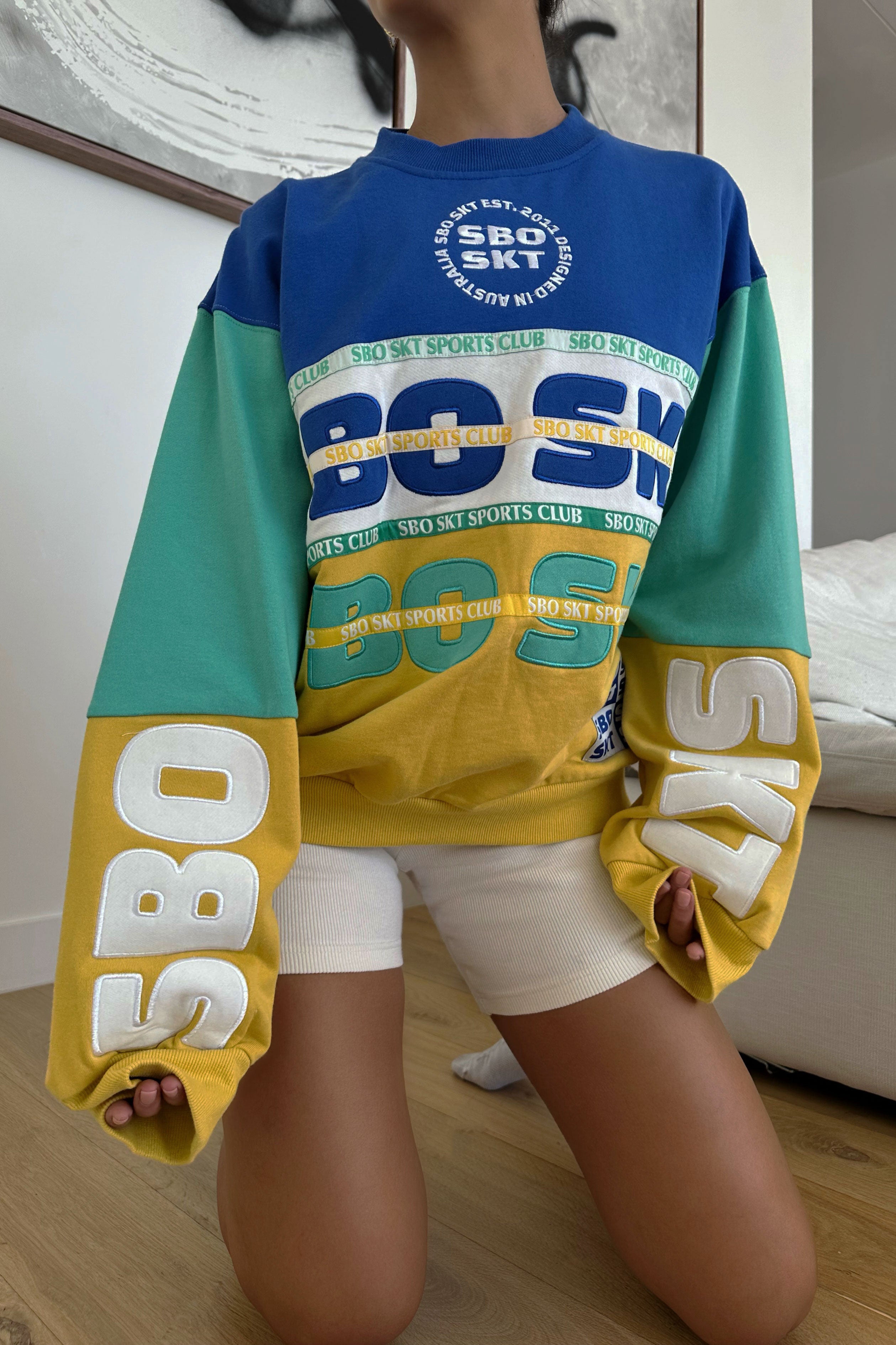 Cozy Oversized Alejandro Sweater in Blue, Green, Yellow and White