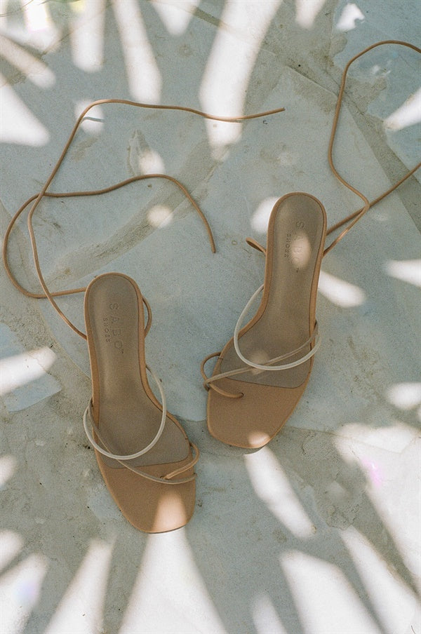 Nude Strappy Ankle Tie Block Heel Ramos Women's High Heels