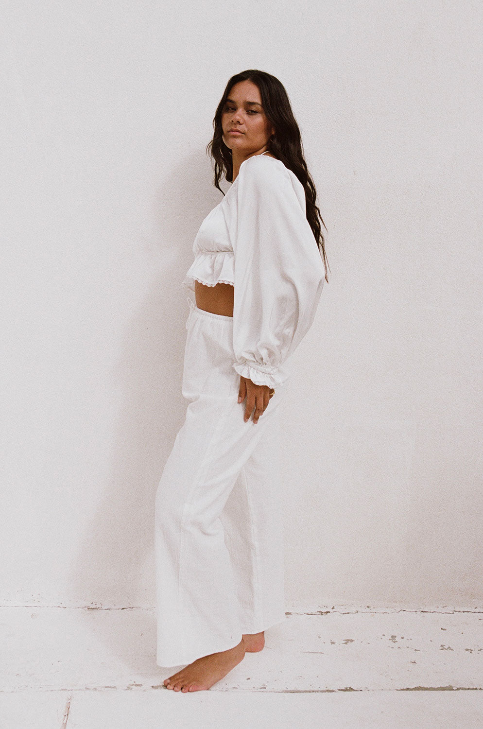 Elegant White Silk Sofia Puff Sleeve Halter Top