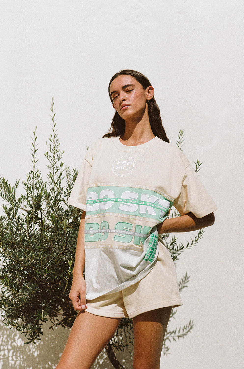 Unisex Cream, Green and Marl Grey Cotton Blend Roman Relaxed Tee Top