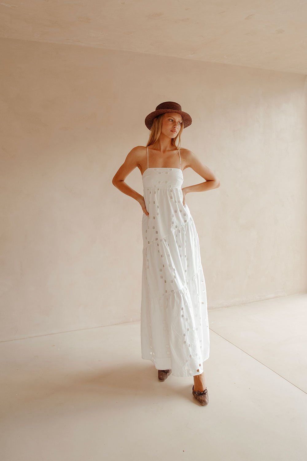 High - Quality Cotton Cutwork Backless Giselle Dress for Christmas Lunch
