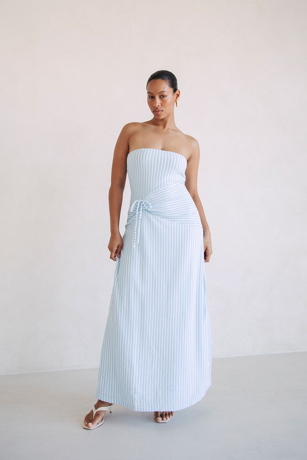 Exclusively Designed Daniella Baby Blue and White Striped Knitted Strapless Dress