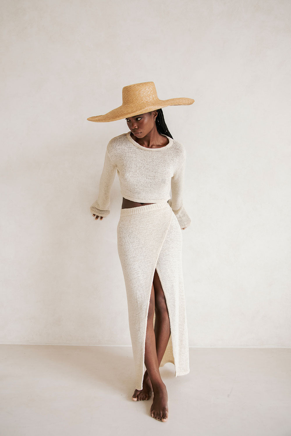 Soft Cream Loose Knit High Waisted Wrap Harley Skirt for Summer