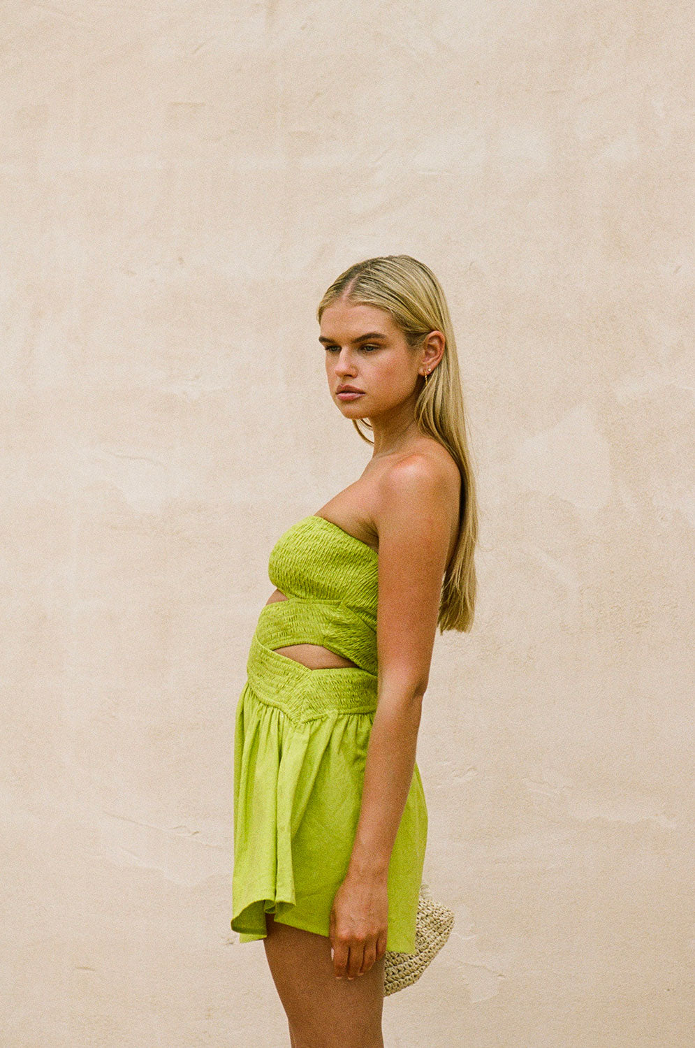 Charming Chartreuse Green Cotton - Linen Blend Strapless Nelly Party Dress