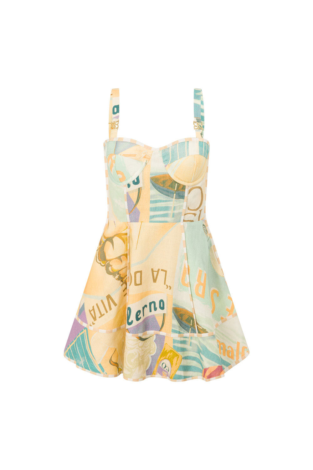 Genova Linen Dress with Exclusive Fiorire Acqua Print and Gold Hardware