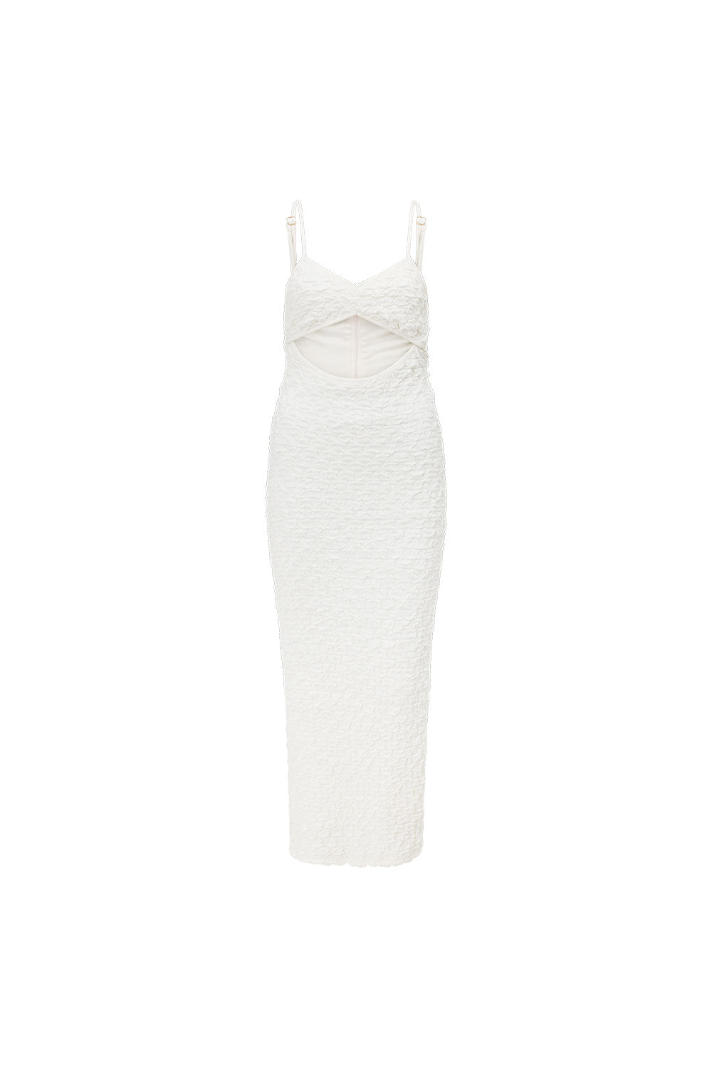 Exclusive Off-White Textured Bubble Cotton Blend Zantina Cutout Ankle Dress