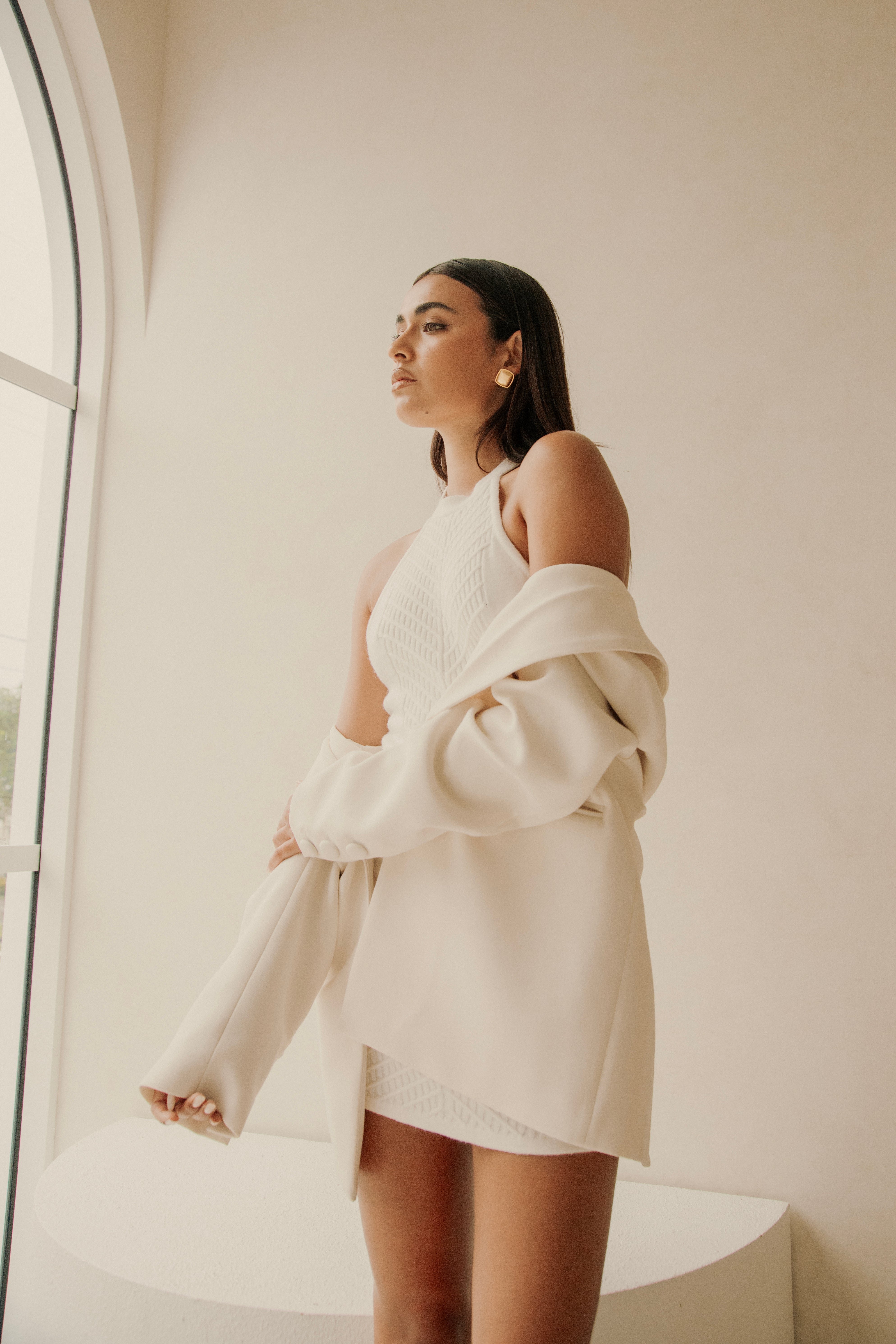 90s-Inspired Cream Halter Neck Atley Mini Dress by Sabo