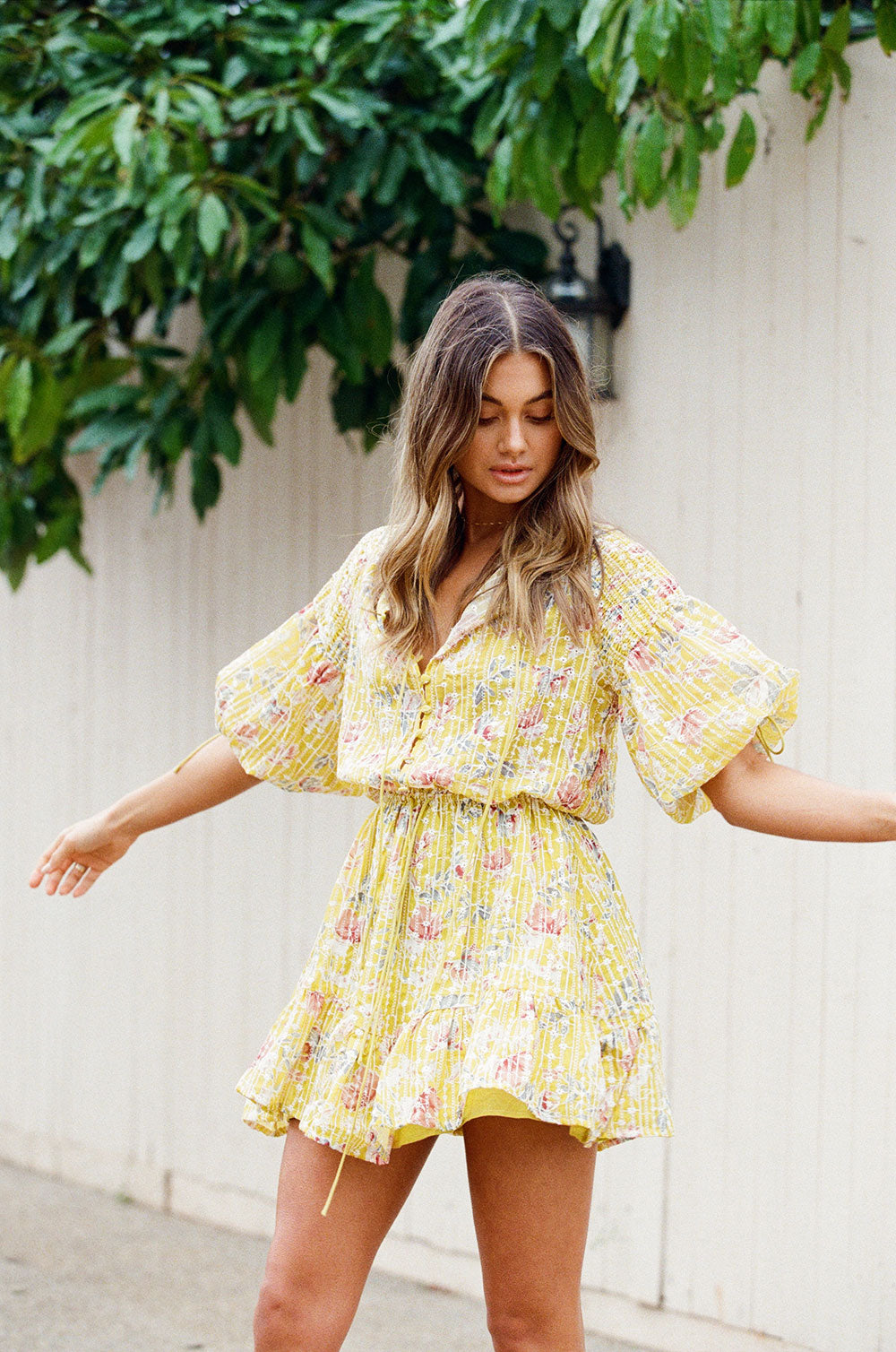 Autumn Mustard Floral Anouk Dress with Contrast Embroidery