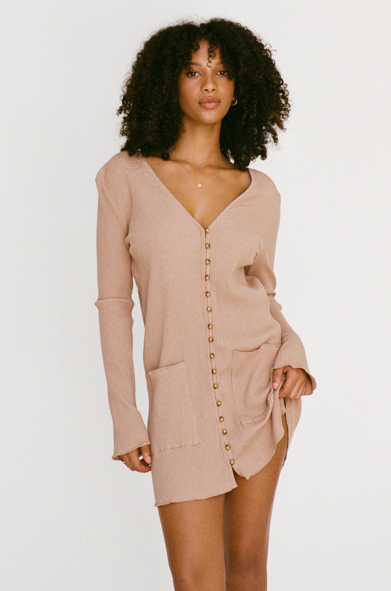 Tan Ribbed Comfortable Pax Dress with Stylish Details