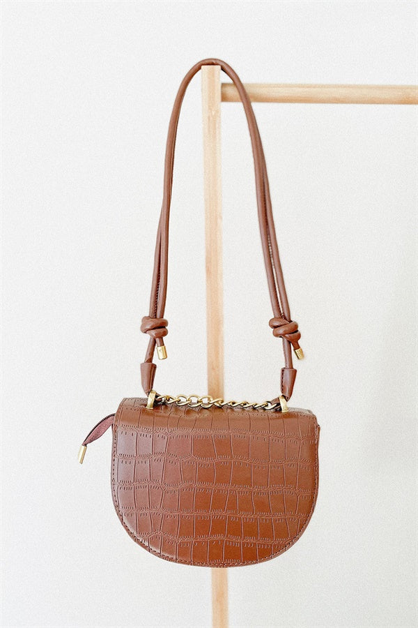 Stylish Dark Mocha Vegan Croc Skin Lima Saddle Bag with Knot Detailing