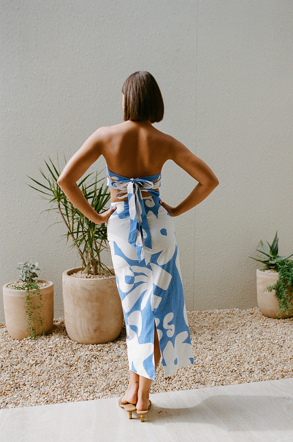 Exquisite Esmay Natural Linen Cotton Blend Strapless Midi Dress with Print