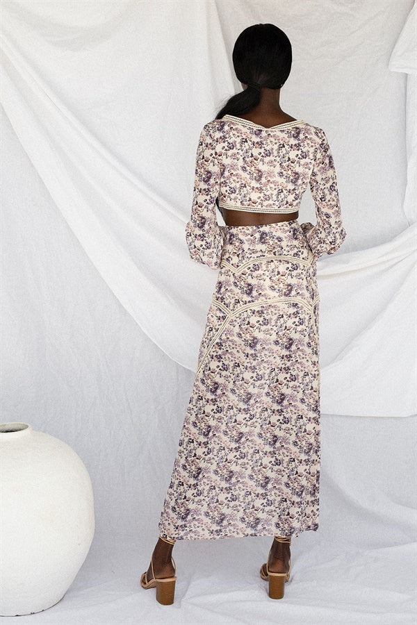 Aubrey Women's Lightweight Beige Lilac Floral Print Crochet Lace Trim Flared Hem Skirt