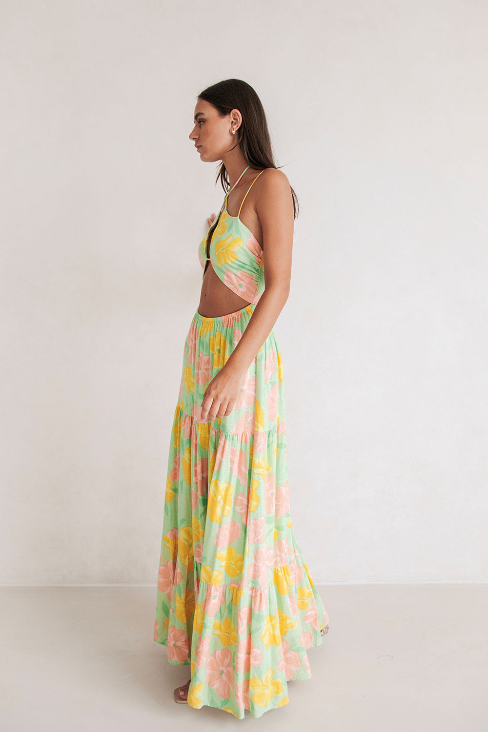High - Quality Viscose Linen Blend Addis Dress with Rose Fill Print in Green