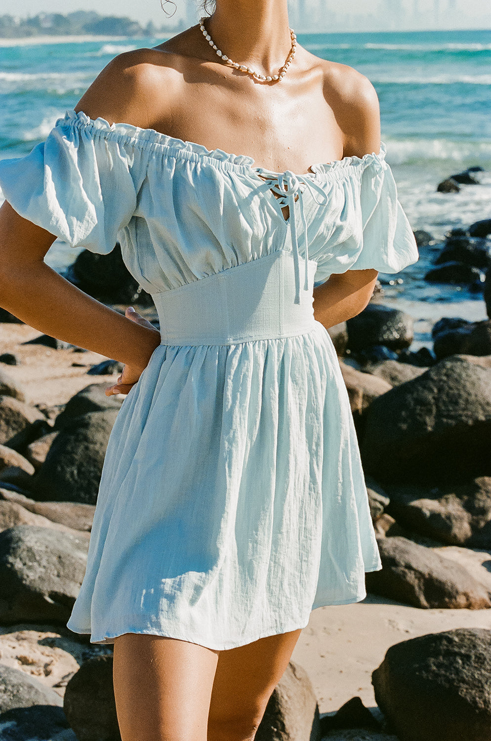 Blue Nyrobi Off - Shoulder Dress with Puff Sleeves and Corset Waist