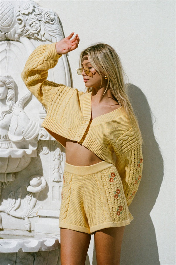 Stylish Yellow Soft Cotton Blend Cropped Knit Cardigan by Sabo