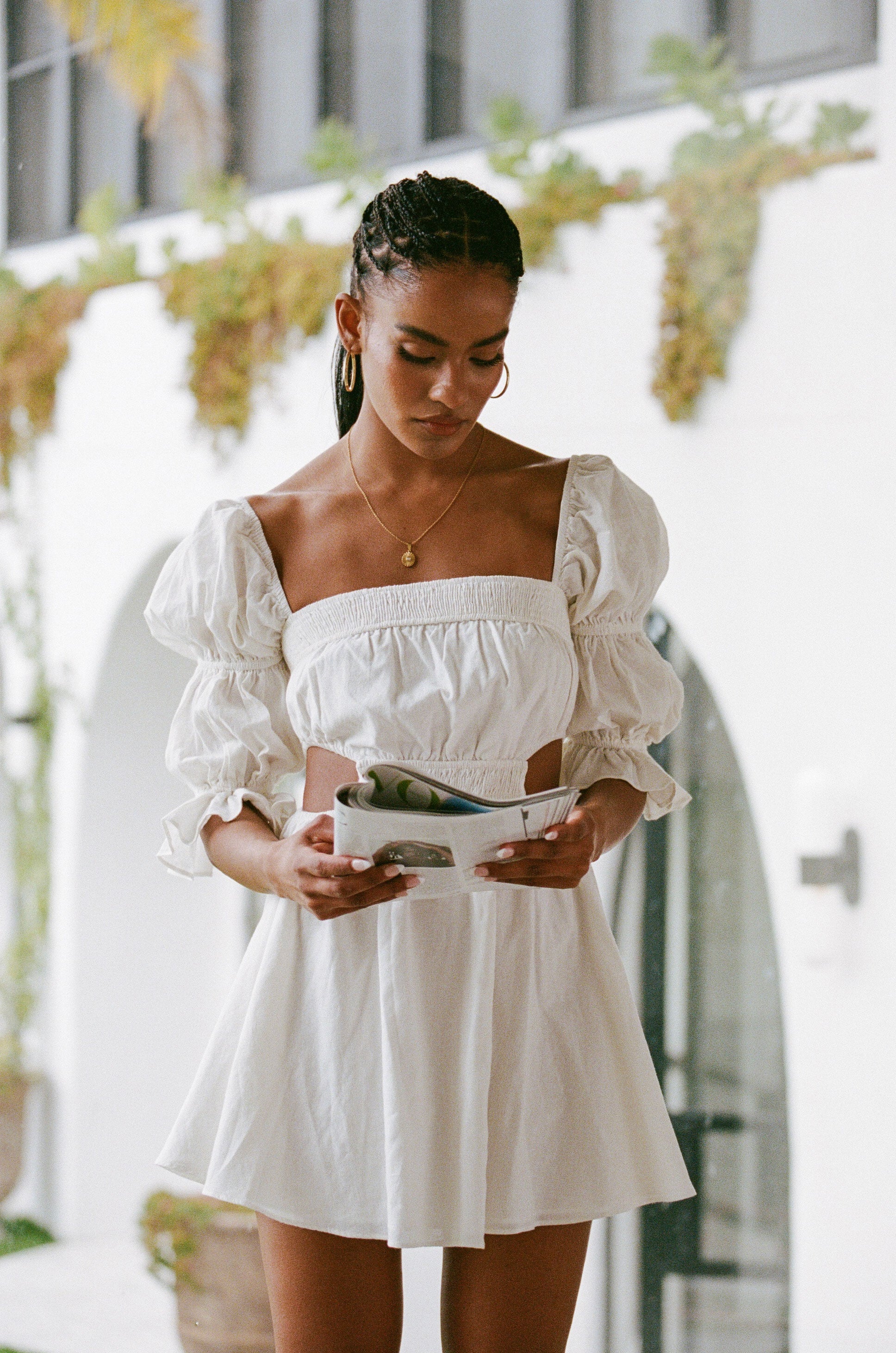 Feminine White Linen-Cotton Blend Vita Dress for Women
