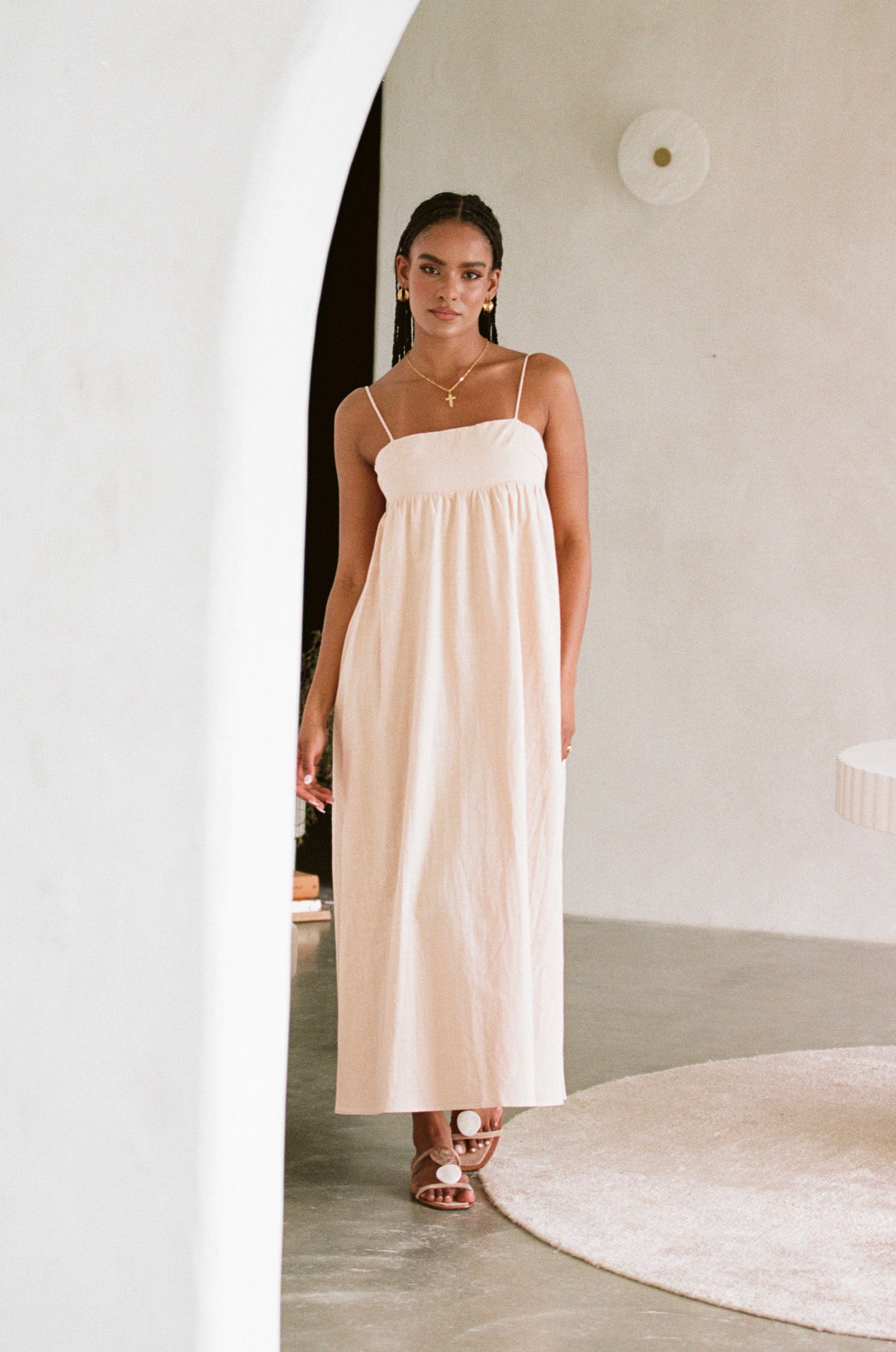 Stylish Tan Azaria Dress with Flowy Skirt and Thin Straps