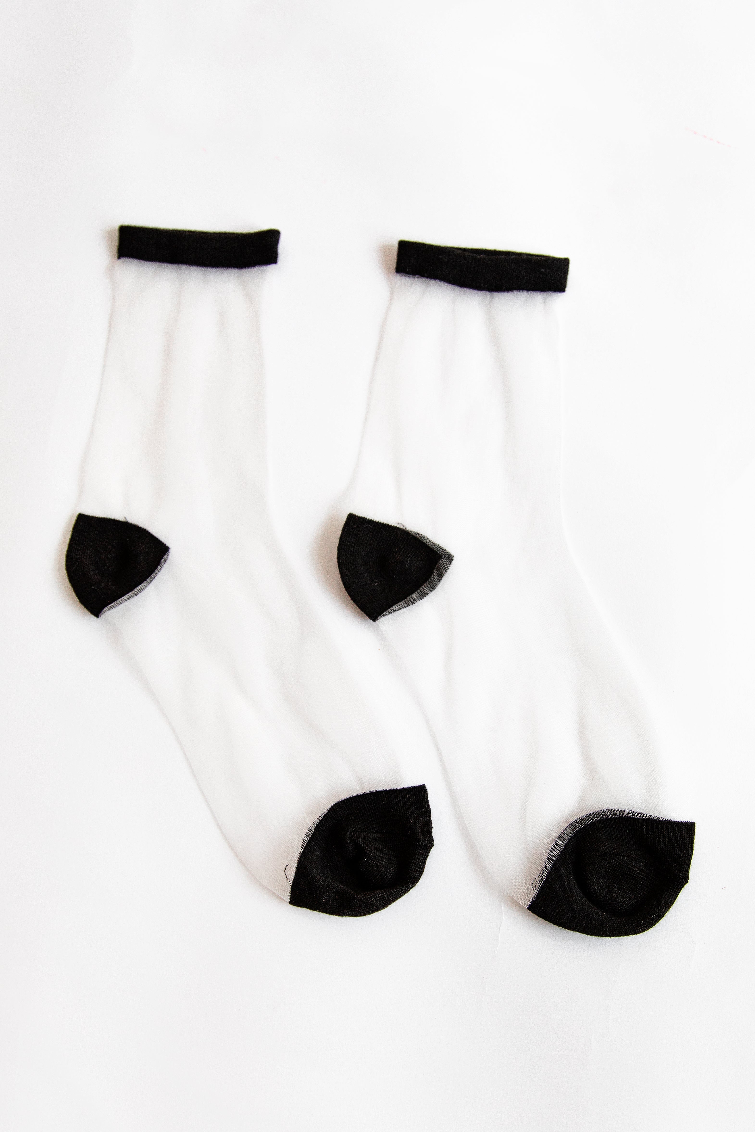 Stylish Yori Sheer White Mesh Socks with Black Trim for Loafers