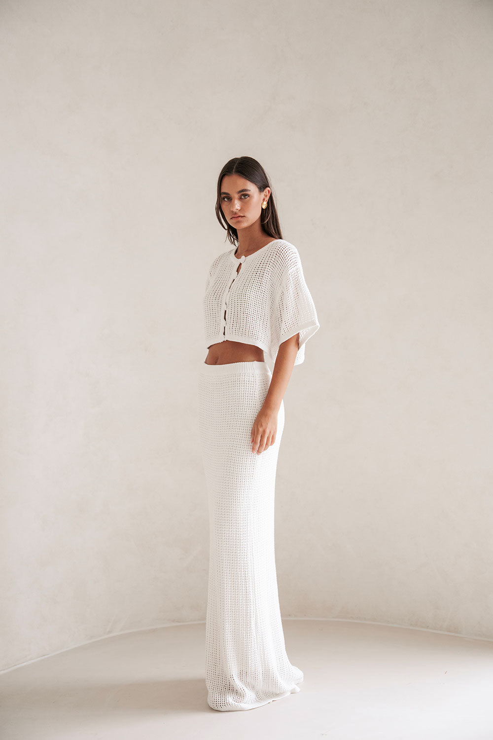 Exquisite Mekkah Crochet Cotton Knit Cream High - Waisted Full - Length Skirt